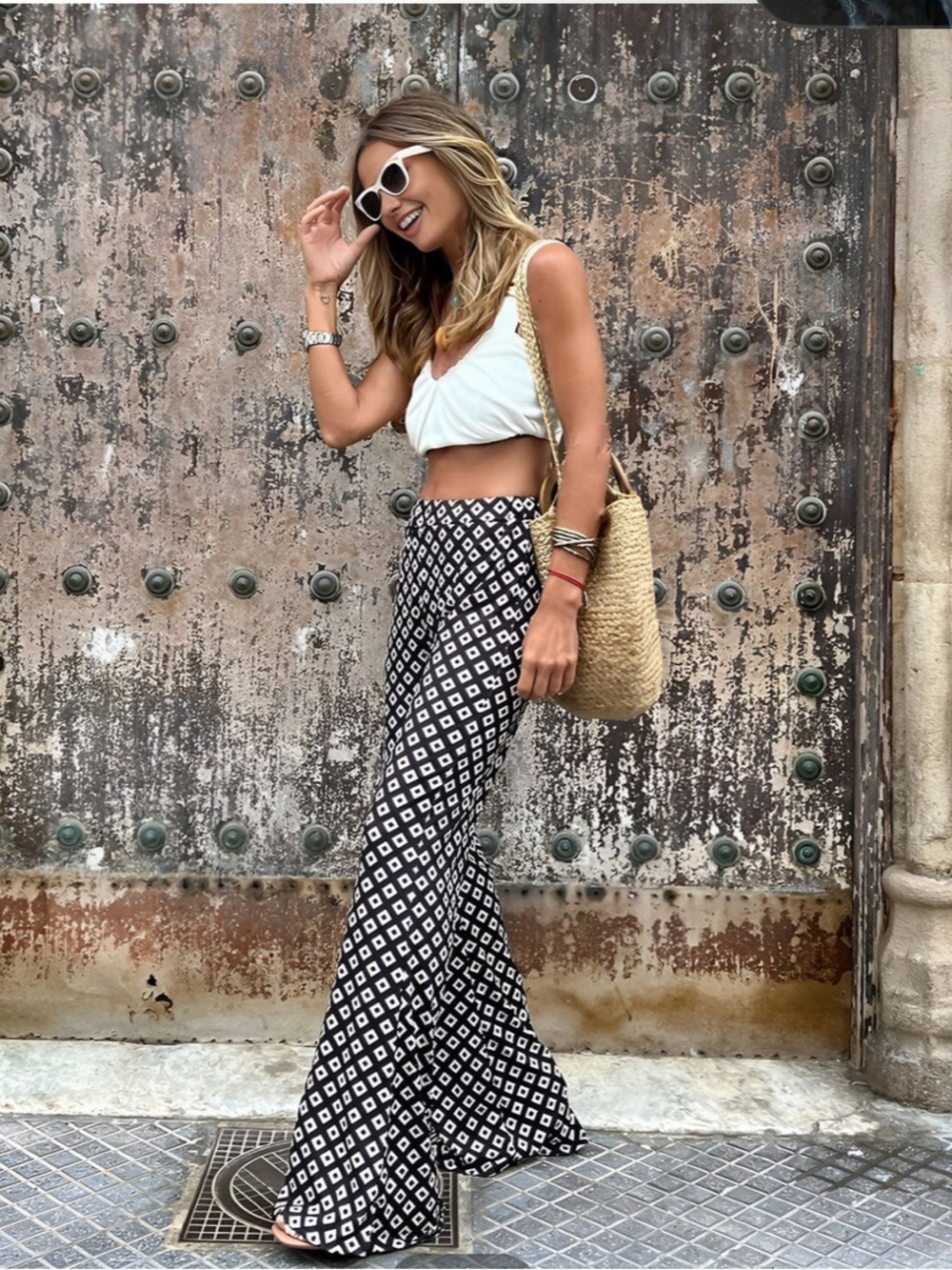 Commense Black & White Geometric Flare Pants